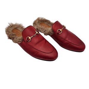 Gucci Princetown Horsebit Fur Lined Mule Flat Size 38 US 8 Red Leather Slip On
